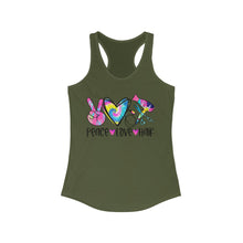 Load image into Gallery viewer, Peace Love Hair (w/Tye Dye Heart) - Women's Ideal Racerback Tank