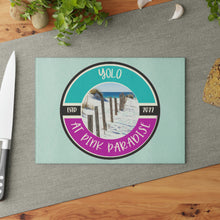 Load image into Gallery viewer, Yolo at Pink Paradise Glass Cutting Board