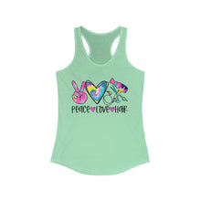 Load image into Gallery viewer, Peace Love Hair (w/Tye Dye Heart) - Women's Ideal Racerback Tank