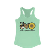 Load image into Gallery viewer, Peace Love Summer (w/Sunflower) - Women's Ideal Racerback Tank