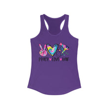 Load image into Gallery viewer, Peace Love Hair (w/Tye Dye Heart) - Women's Ideal Racerback Tank