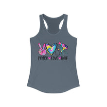 Load image into Gallery viewer, Peace Love Hair (w/Tye Dye Heart) - Women's Ideal Racerback Tank