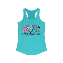 Load image into Gallery viewer, Peace Love Hair (w/Tye Dye Heart) - Women's Ideal Racerback Tank