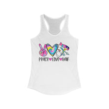 Load image into Gallery viewer, Peace Love Hair (w/Tye Dye Heart) - Women's Ideal Racerback Tank