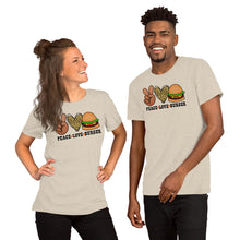Load image into Gallery viewer, Peace Love Burger - Short-Sleeve Unisex T-Shirt