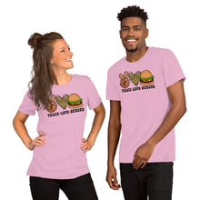 Load image into Gallery viewer, Peace Love Burger - Short-Sleeve Unisex T-Shirt
