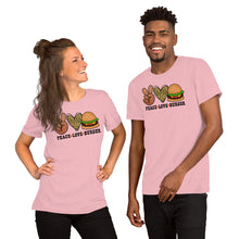 Load image into Gallery viewer, Peace Love Burger - Short-Sleeve Unisex T-Shirt