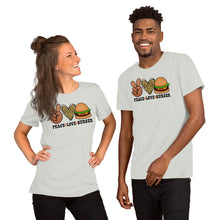Load image into Gallery viewer, Peace Love Burger - Short-Sleeve Unisex T-Shirt