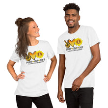 Load image into Gallery viewer, Peace Love Cure Childhood Cancer Sunflower - Short-Sleeve Unisex T-Shirt