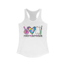 Load image into Gallery viewer, Peace Love Dental (w/Tie Dye Heart) - Women&#39;s Ideal Racerback Tank
