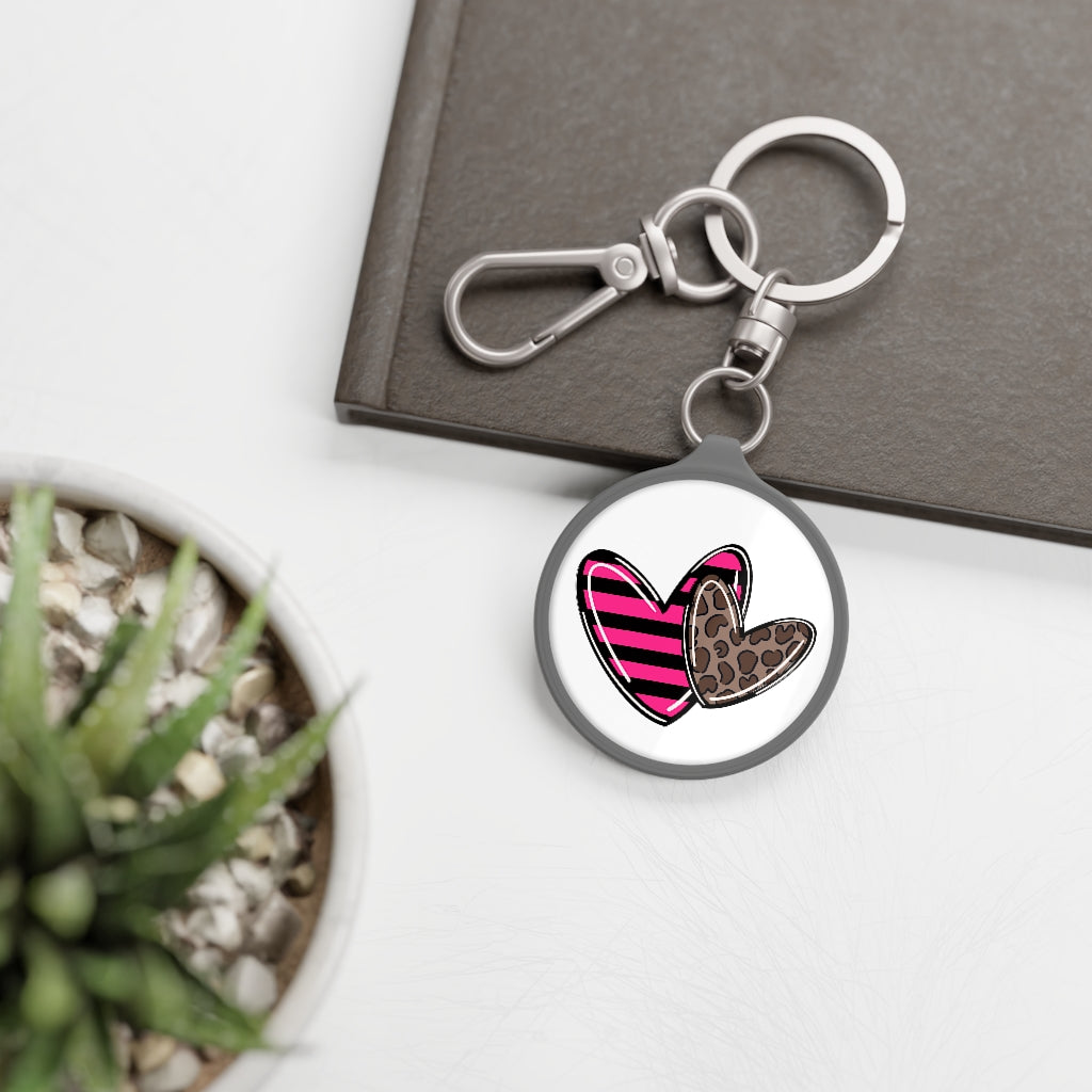 2 hearts Leopard Pink and Black Stripes Key Ring