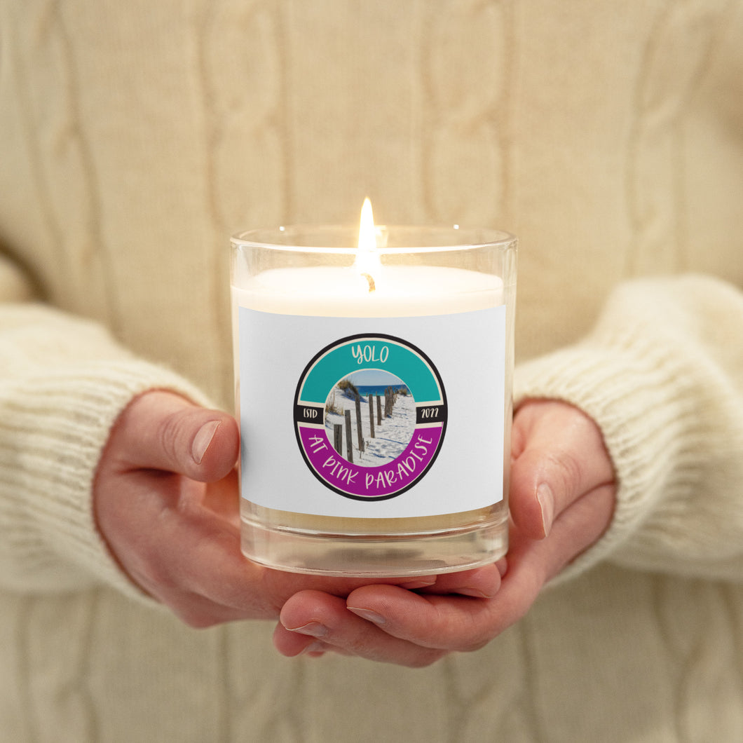 Yolo at Pink Paradise logo Glass jar soy wax candle