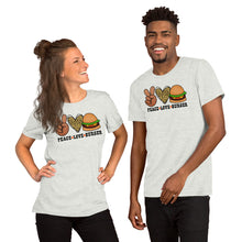 Load image into Gallery viewer, Peace Love Burger - Short-Sleeve Unisex T-Shirt
