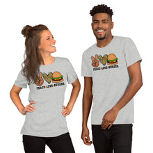 Load image into Gallery viewer, Peace Love Burger - Short-Sleeve Unisex T-Shirt
