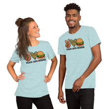 Load image into Gallery viewer, Peace Love Burger - Short-Sleeve Unisex T-Shirt
