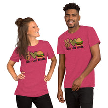 Load image into Gallery viewer, Peace Love Burger - Short-Sleeve Unisex T-Shirt
