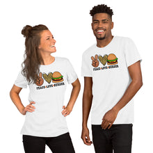 Load image into Gallery viewer, Peace Love Burger - Short-Sleeve Unisex T-Shirt
