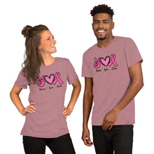 Load image into Gallery viewer, Peace-love-Cure Pink Ribbon - Short-Sleeve Unisex T-Shirt

